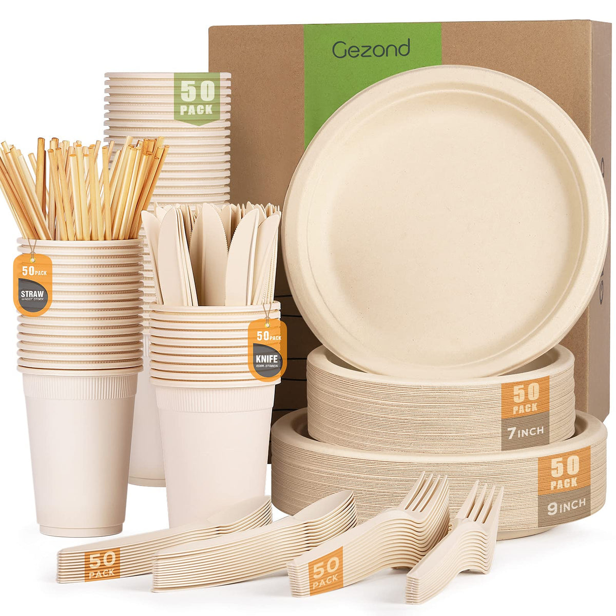 Gezond Compostable Paper Plates Set Eco-friendly Heavy-duty Disposable Paper Plates Cutlery Includes Eco-friendly Plate, Forks, Knives, Spoons, Cups and Straws for Wedding Party, 50 Guests