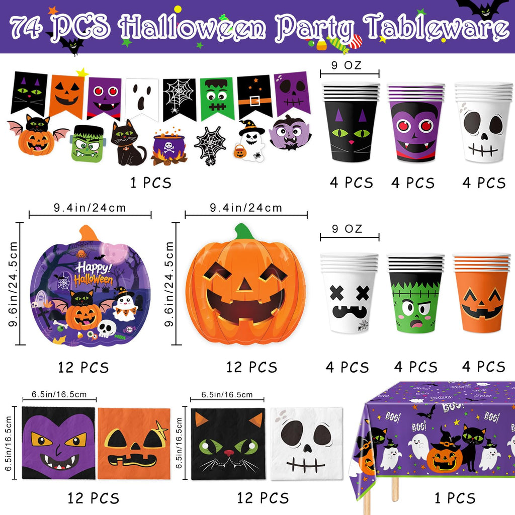 74 PCS Halloween Party Supplies Pumpkin Shaped Disposable Plates, Napkins, Cups, Banner, Tablecloth for Halloween Birthday Baby Shower Decorations, Serves 24