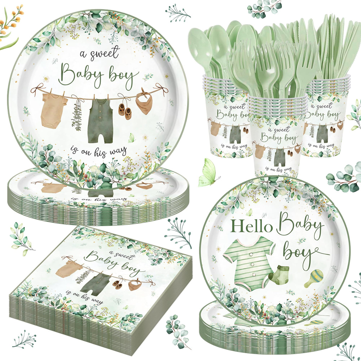140PCS Greenery Baby Boy Shower Decorations Tableware Set, Boho Greency Party Decorations Tableware Set Dessert Plates Napkins Forks for 20 Guests