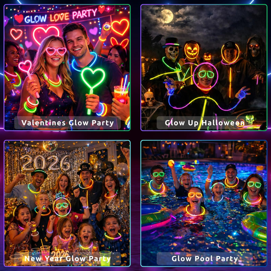 Glow Sticks Bulk, Glow in The Dark Party Supplies w/ Eye Glasses Kit, Bracelets Necklaces & More, 12 Hours Glow Party Pack 8 inch for Kids, Mardi Gras, Party Favors for kids 8-12