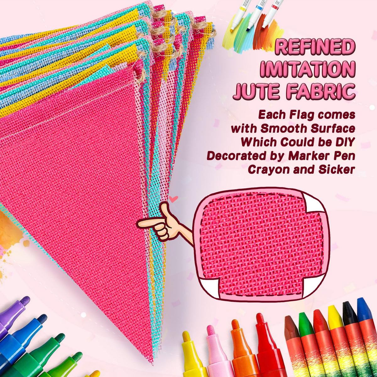 Jutevo 120 Flags/72ft Pennant Banner Flags Garland, Triangle Banner Pennant Flags on a String, Pastel Burlap Pennant Banner Garland Bunting Banner for Outdoor Birthday Party Decorations