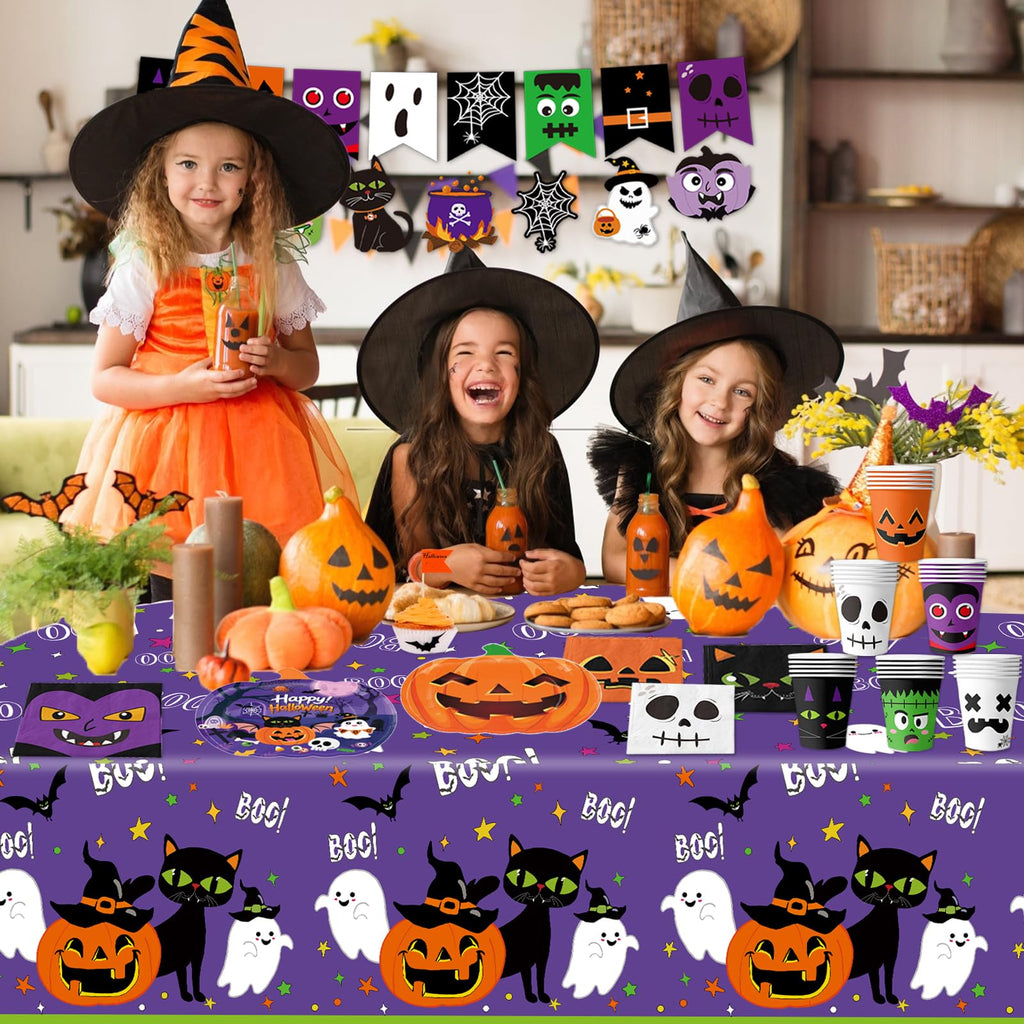 74 PCS Halloween Party Supplies Pumpkin Shaped Disposable Plates, Napkins, Cups, Banner, Tablecloth for Halloween Birthday Baby Shower Decorations, Serves 24