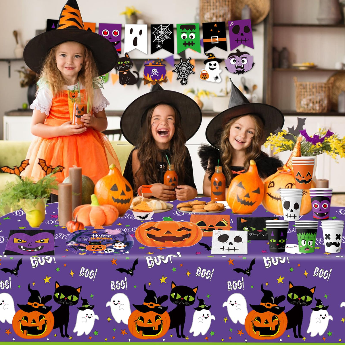 74 PCS Halloween Party Supplies Pumpkin Shaped Disposable Plates, Napkins, Cups, Banner, Tablecloth for Halloween Birthday Baby Shower Decorations, Serves 24