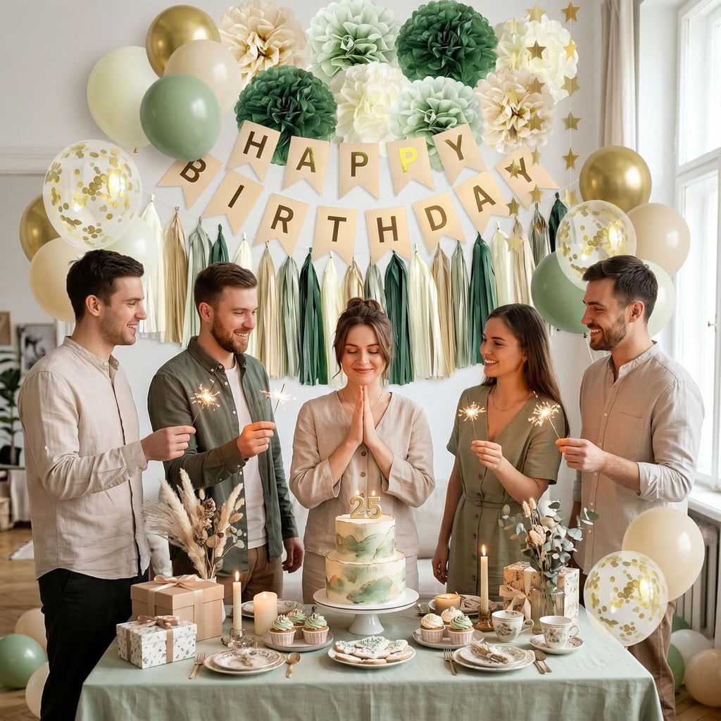 ANSOMO Sage Green Happy Birthday Party Decorations Retro Green Nude Ivory Dark Olive Kraft Paper Banner Balloons Neutral Rustic Boho Blush Safari Botanical Greenery Wild Décor Supplies Women Adults