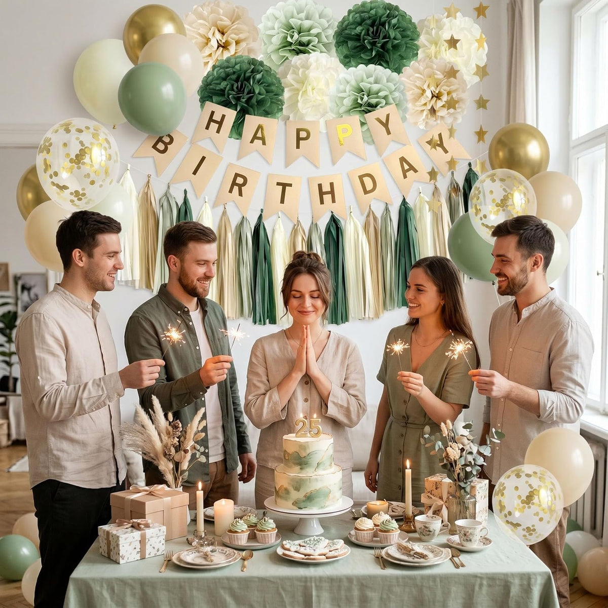 ANSOMO Sage Green Happy Birthday Party Decorations Retro Green Nude Ivory Dark Olive Kraft Paper Banner Balloons Neutral Rustic Boho Blush Safari Botanical Greenery Wild Décor Supplies Women Adults