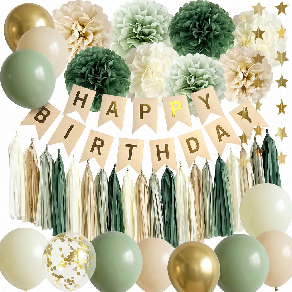 ANSOMO Sage Green Happy Birthday Party Decorations Retro Green Nude Ivory Dark Olive Kraft Paper Banner Balloons Neutral Rustic Boho Blush Safari Botanical Greenery Wild Décor Supplies Women Adults