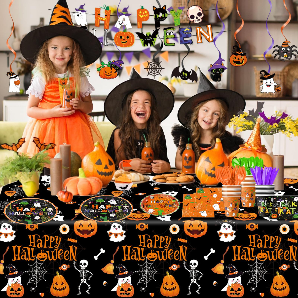 179 PCS Halloween Party Supplies - Plates, Napkins, Cups, Banner, Hanging Swirls, Tablecloth for Halloween Birthday Baby Shower Decorations, Serves 24