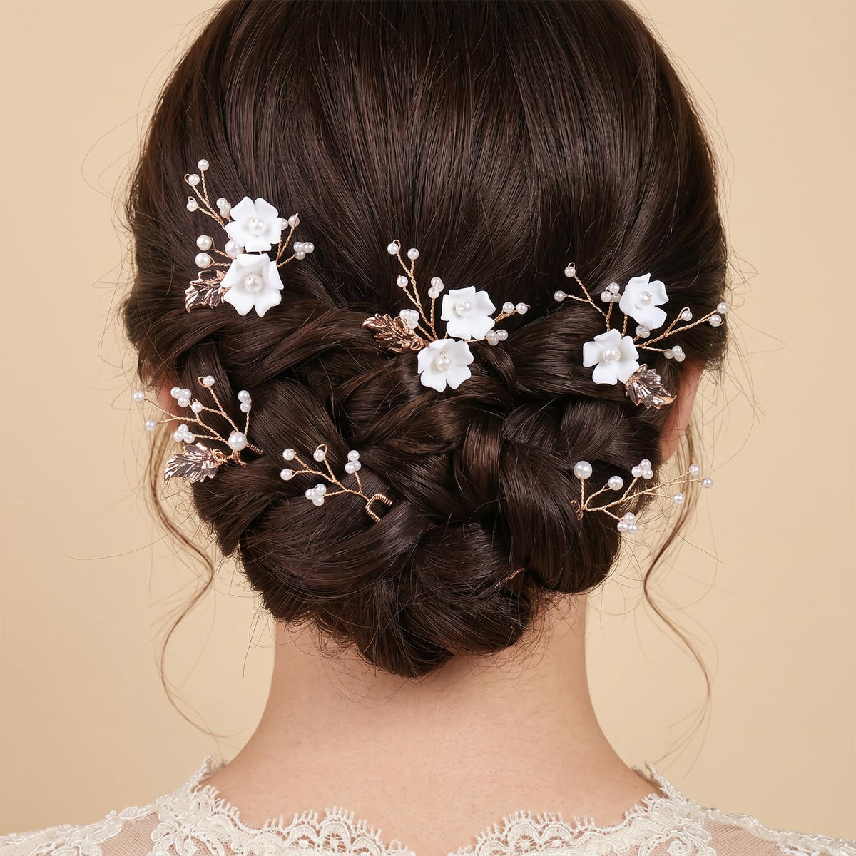 Handmade Pearl Bridal Wedding Hair Pins 6Pcs White Ceramic Flowers Gold Leaf Pearls Clips Wedding Hair Accessories for Women Brides Bridesmaid