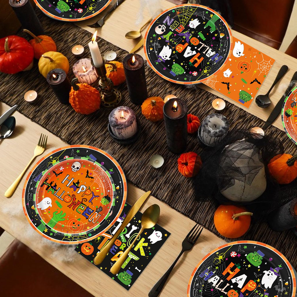 179 PCS Halloween Party Supplies - Plates, Napkins, Cups, Banner, Hanging Swirls, Tablecloth for Halloween Birthday Baby Shower Decorations, Serves 24