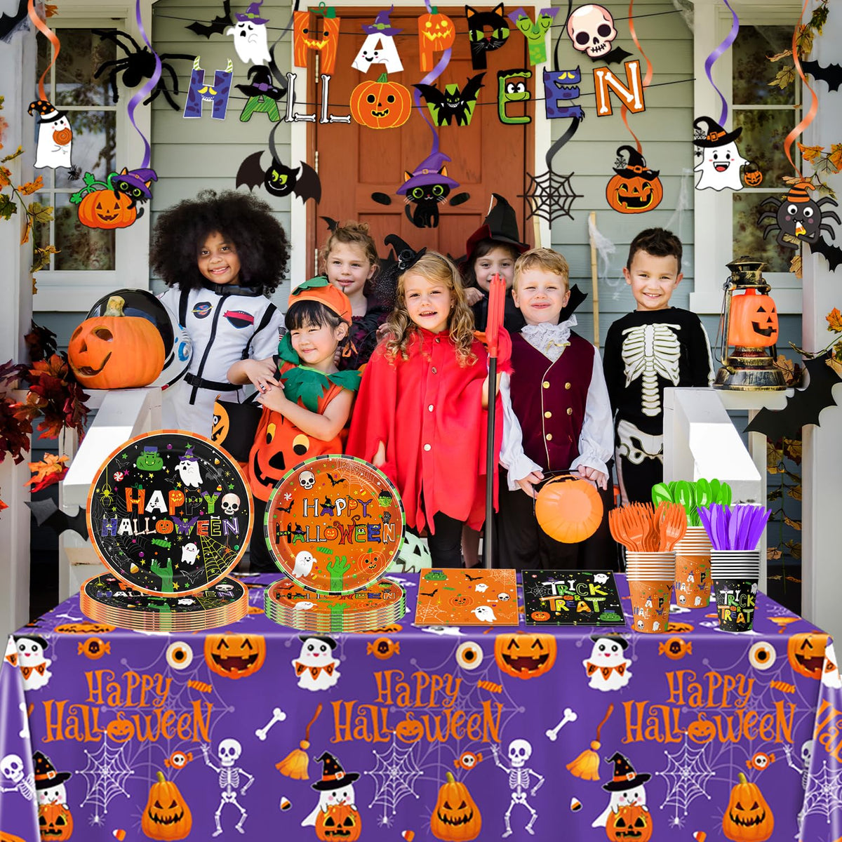 179 PCS Halloween Party Supplies - Plates, Napkins, Cups, Banner, Hanging Swirls, Tablecloth for Halloween Birthday Baby Shower Decorations, Serves 24