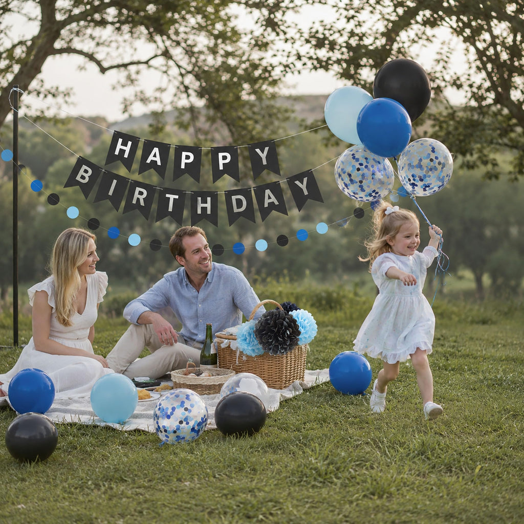 ANSOMO Blue and Black Happy Birthday Party Decorations for Boys Men Banner Balloons Navy Royal Light Blue Pom Poms Foil Curtain Décor Supplies 13th 16th 18th 20th 30th 40th 50th 60th 70th 80th