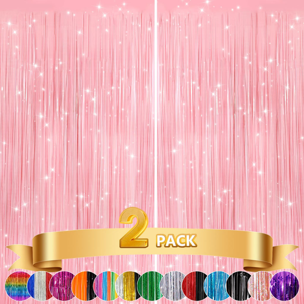 GCB 2Pack Metallic Tinsel Foil Fringe Curtains, Black Foil Curtain Backdrop, Photo Booth Props for Birthday Wedding Baby Shower Bachelorette Xmas Celebration Party Decorations Door Streamers
