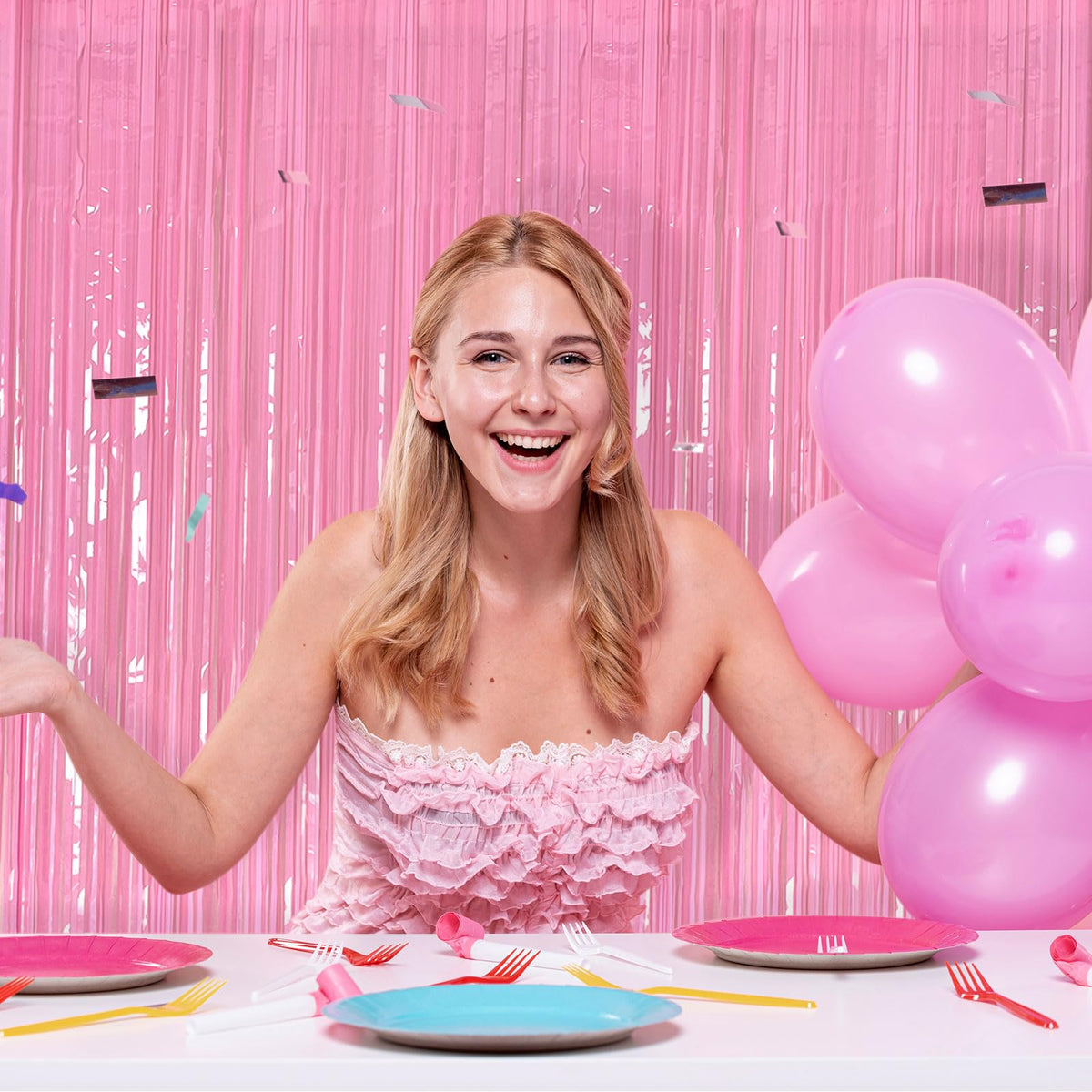 Party Backdrop Decorations Pink Tinsel Curtain Party Backdrop Foil Fringe Birthday Decorations Photo Booth Streamer Pink Theme Bachelorette Graduation Decor