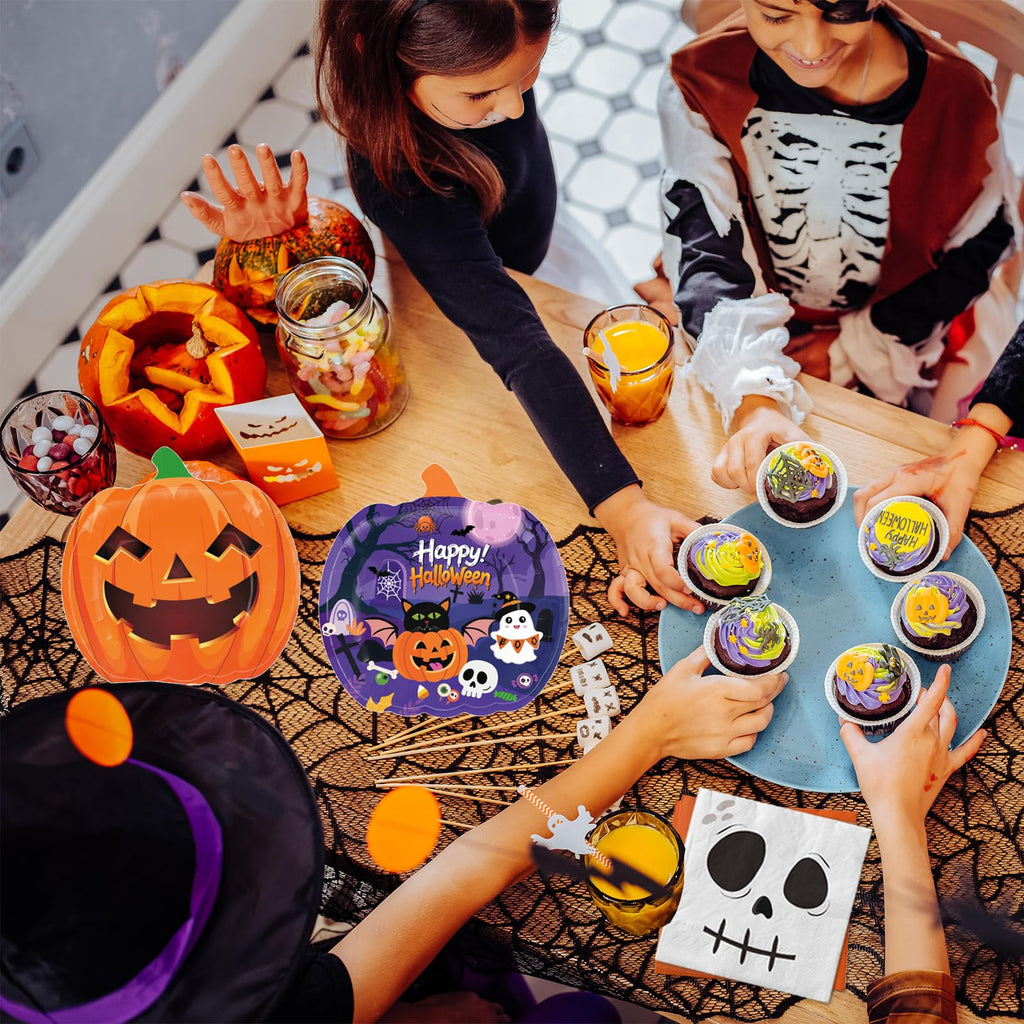 74 PCS Halloween Party Supplies Pumpkin Shaped Disposable Plates, Napkins, Cups, Banner, Tablecloth for Halloween Birthday Baby Shower Decorations, Serves 24