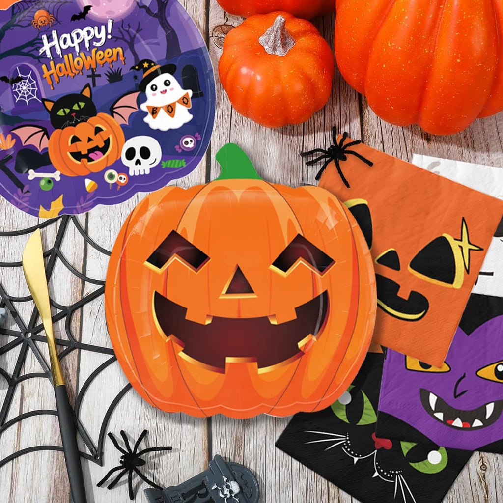 74 PCS Halloween Party Supplies Pumpkin Shaped Disposable Plates, Napkins, Cups, Banner, Tablecloth for Halloween Birthday Baby Shower Decorations, Serves 24