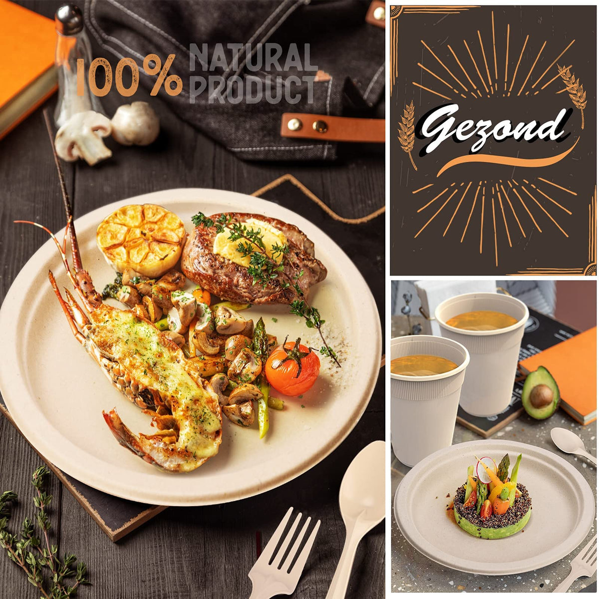 Gezond Compostable Paper Plates Set Eco-friendly Heavy-duty Disposable Paper Plates Cutlery Includes Eco-friendly Plate, Forks, Knives, Spoons, Cups and Straws for Wedding Party, 50 Guests
