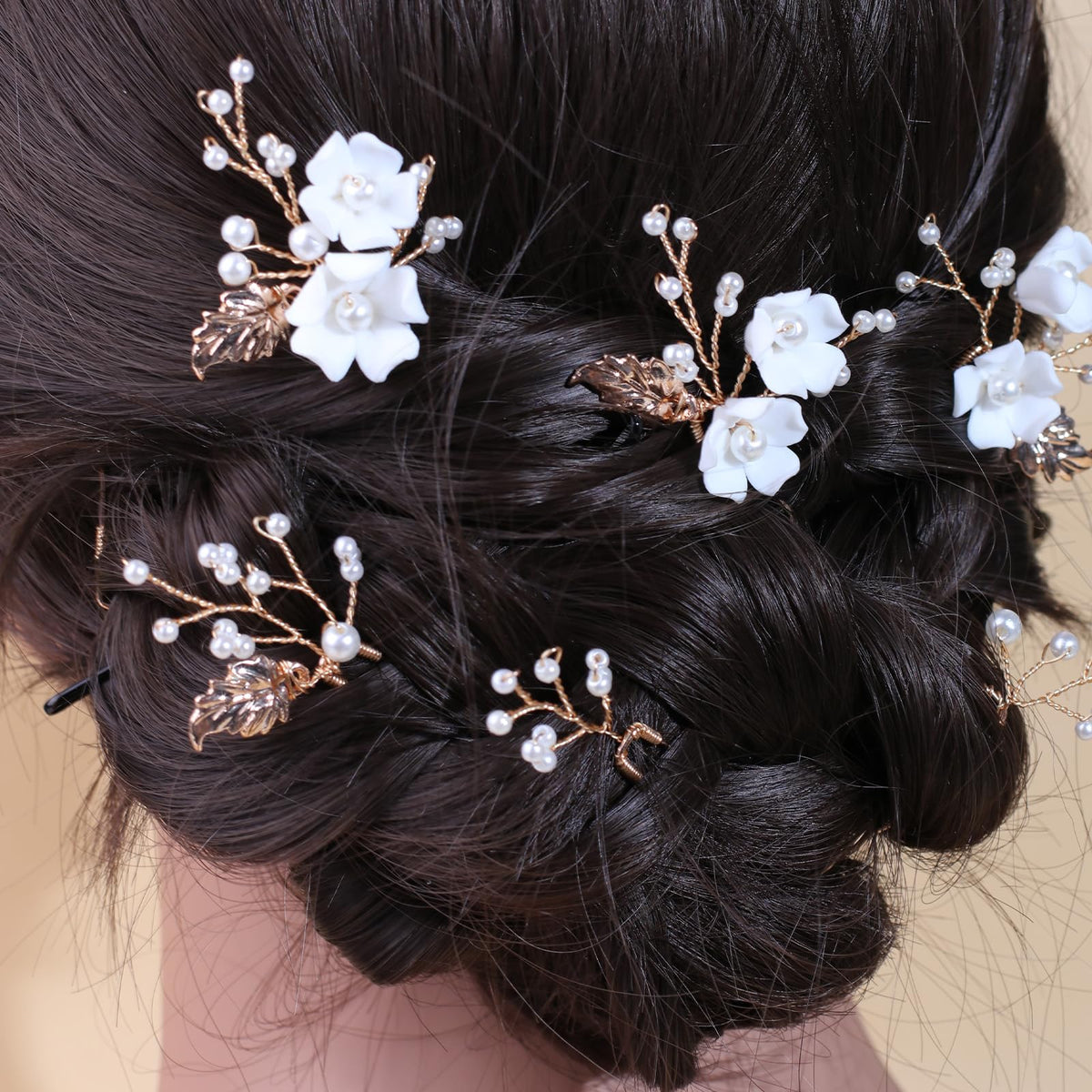 Handmade Pearl Bridal Wedding Hair Pins 6Pcs White Ceramic Flowers Gold Leaf Pearls Clips Wedding Hair Accessories for Women Brides Bridesmaid
