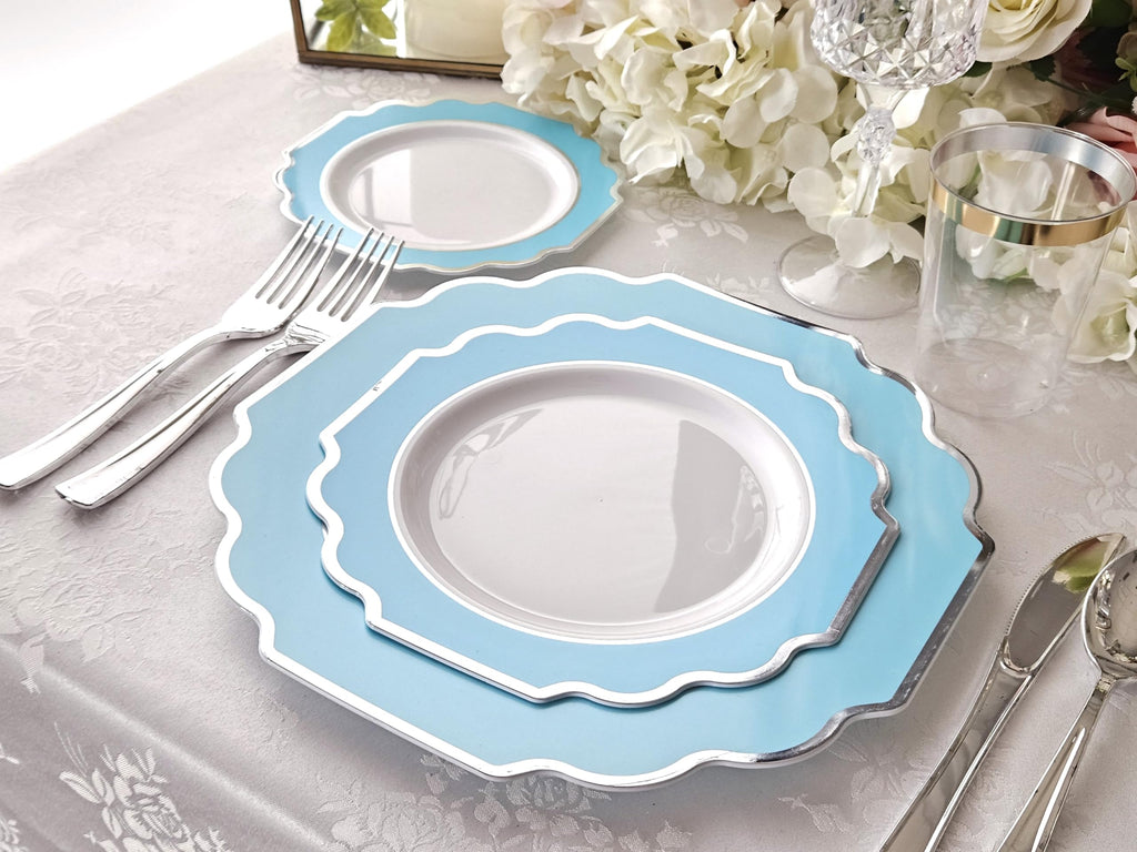 OCCASIONS 960 Piece set (120 Guests)-Heavyweight Wedding Party Disposable Plastic Plate Set -120 x 10.5''+ 120 x 8''+Silverware+Cups+Napkins (Imperial Turquoise Blue/Green & Silver)
