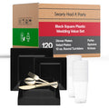 Square Black Disposable Plastic Dinnerware Party Package, Dinner & Salad Plates, Gold Cutlery, Tumblers (120 Person Package)