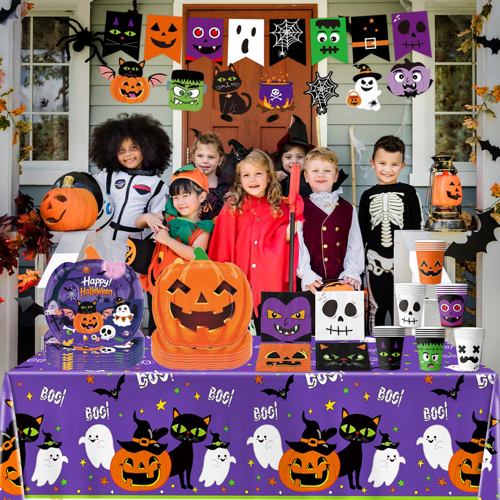 74 PCS Halloween Party Supplies Pumpkin Shaped Disposable Plates, Napkins, Cups, Banner, Tablecloth for Halloween Birthday Baby Shower Decorations, Serves 24