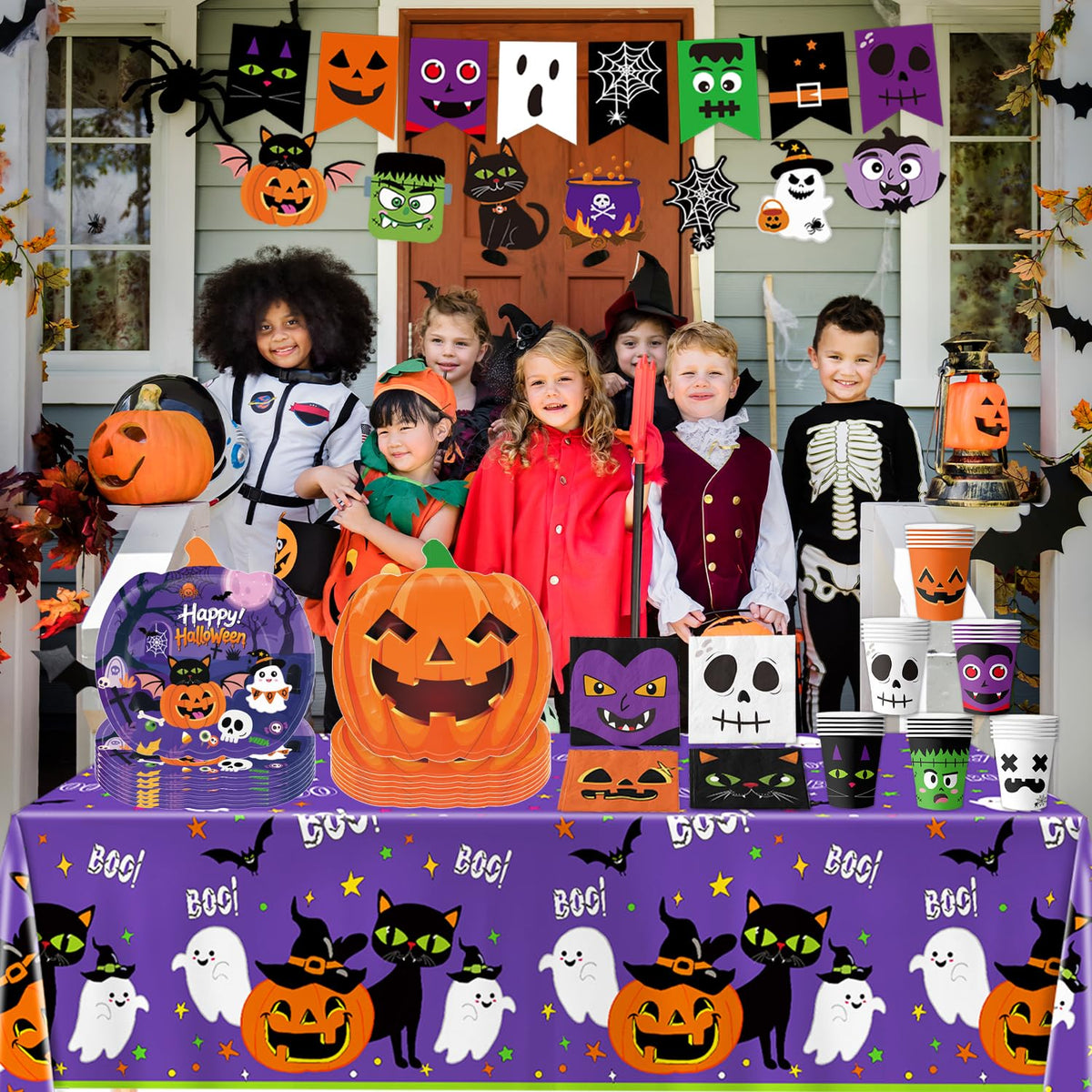 74 PCS Halloween Party Supplies Pumpkin Shaped Disposable Plates, Napkins, Cups, Banner, Tablecloth for Halloween Birthday Baby Shower Decorations, Serves 24
