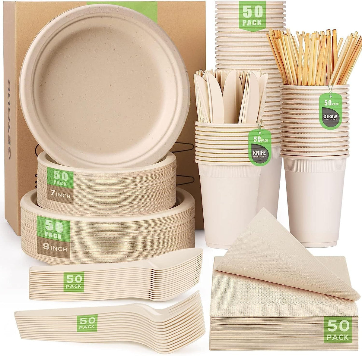 Gezond Compostable Paper Plates Set Eco-friendly Heavy-duty Disposable Paper Plates Cutlery Includes Eco-friendly Plate, Forks, Knives, Spoons, Cups and Straws for Wedding Party, 50 Guests
