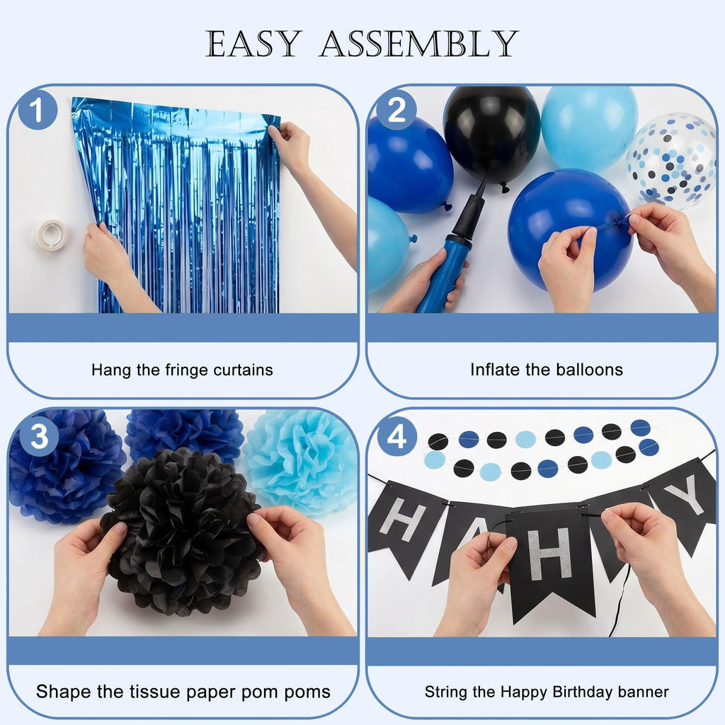 ANSOMO Blue and Black Happy Birthday Party Decorations for Boys Men Banner Balloons Navy Royal Light Blue Pom Poms Foil Curtain Décor Supplies 13th 16th 18th 20th 30th 40th 50th 60th 70th 80th